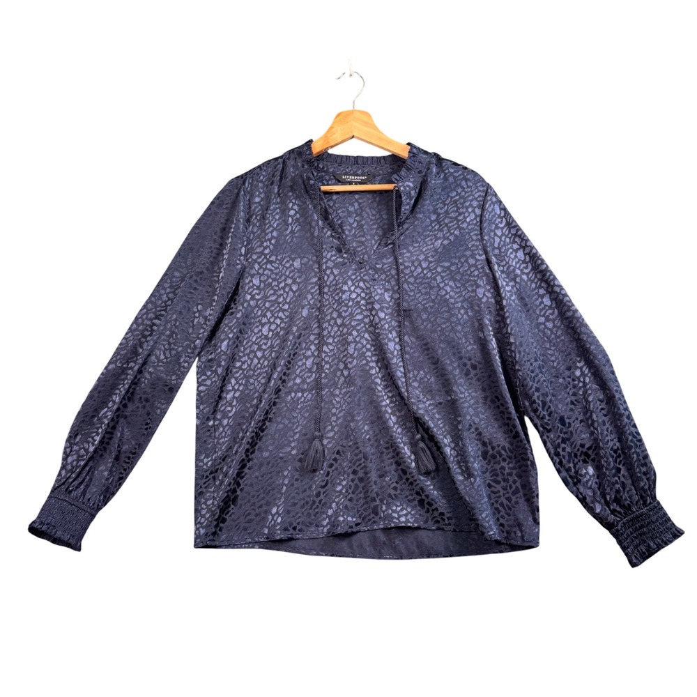 Liverpool Navy Animal Jacquard Blouse Womens S Tassel Tie Smocked Top